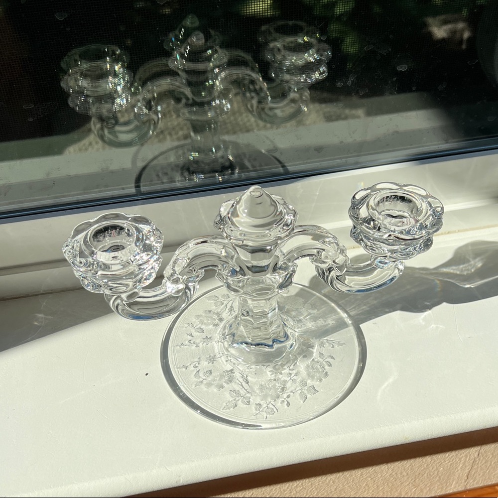 Vintage Fostoria Midnight Rose Etched Two Candlestick Candelabra Dome Center - Picture 3 of 16